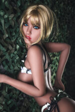 A blonde woman with blue eyes and red lips, wearing a camouflage bikini, poses against a camouflage backdrop.