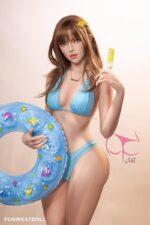 A woman in a blue bikini holding a yellow popsicle and a blue inflatable ring.