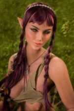 A doll with purple braided hair, pointed ears, and a green top.