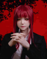 A doll with red hair and yellow eyes, wearing a black blazer and white shirt, hands clasped against a red background.