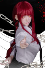 A doll with red hair and yellow eyes, wearing a white shirt and holding chains.