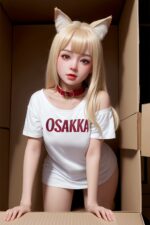 A blonde anime-style character with fox ears and a red collar, wearing a white "OSAKKA" t-shirt, leans on a cardboard box.